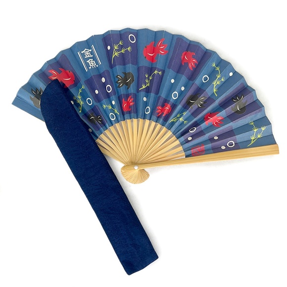 Child's Blue Checkered Goldfish Vintage Sensu Fan from Japan